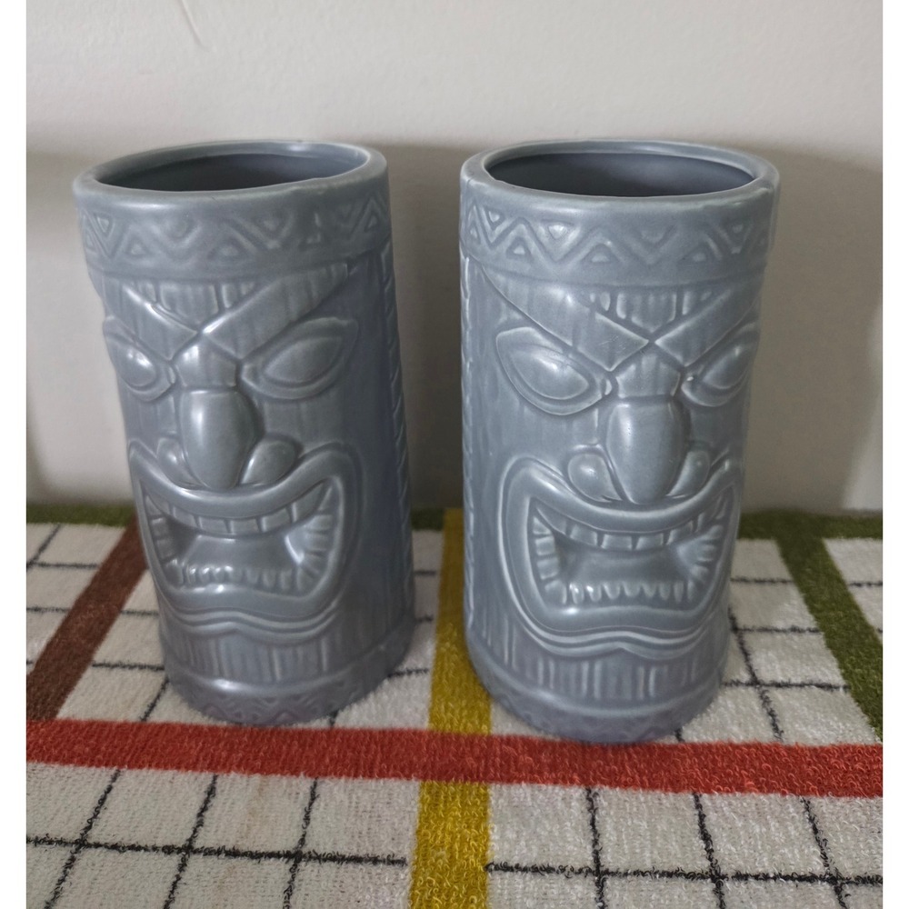 KC Hawaii Lucky Tiki Mug Set of 2 Gray Ceramic Vintage Hawaiian Collection 6in
